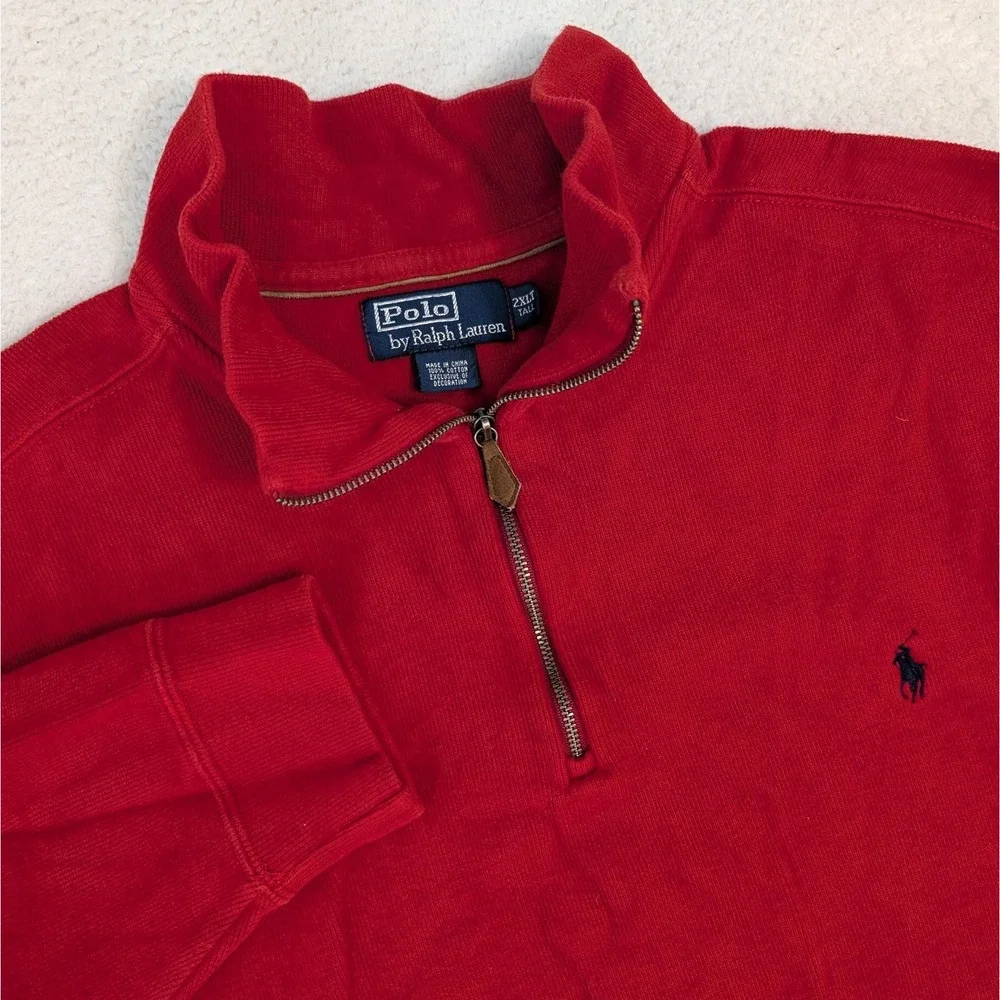 Polo Ralph Lauren‎ Sweater Mens 2XLT Red 1/4 Zip LS 100% Blue Pony Exclusive